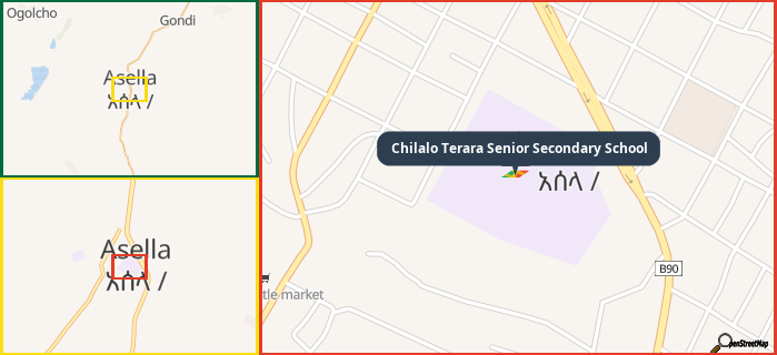 Map showing the address of Chilalo Terara Senior Secondary School in three different zoom levels.