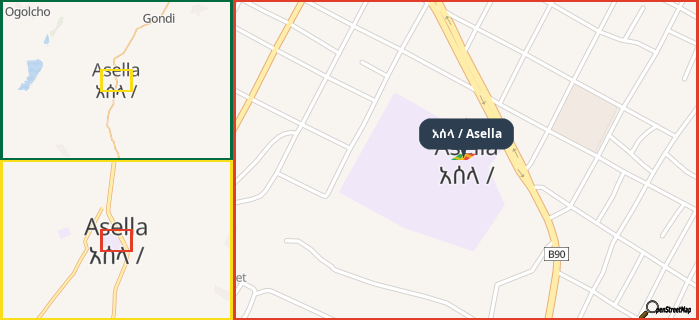 Map showing the address of አሰላ / Asella in three different zoom levels.