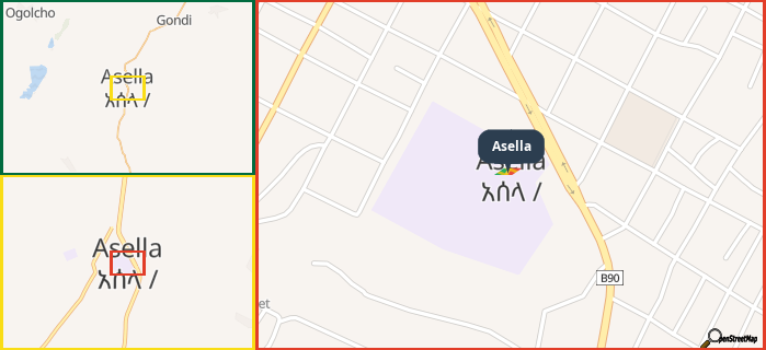 Map showing the address of Asella in three different zoom levels.