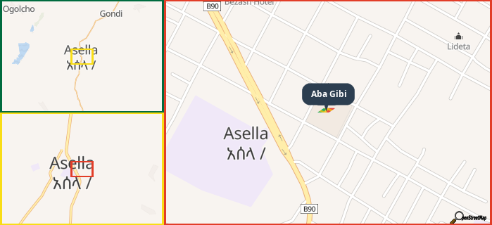 Map showing the address of Aba Gibi in three different zoom levels.