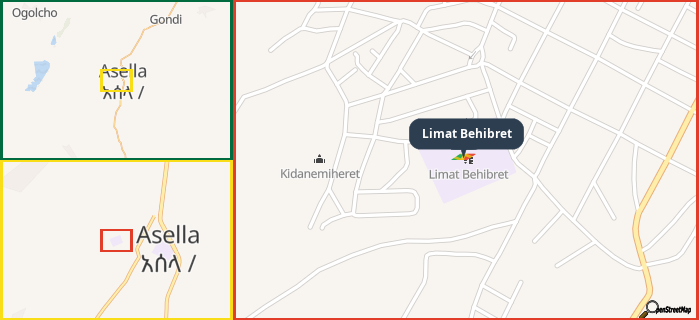 Map showing the address of Limat Behibret in three different zoom levels.
