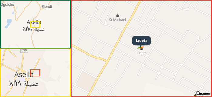Map showing the address of Lideta in three different zoom levels.