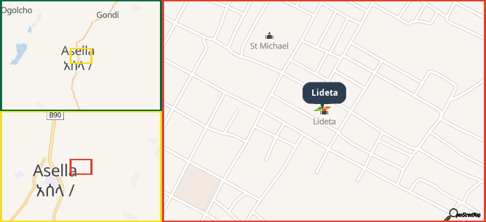 Map showing the address of Lideta in three different zoom levels.