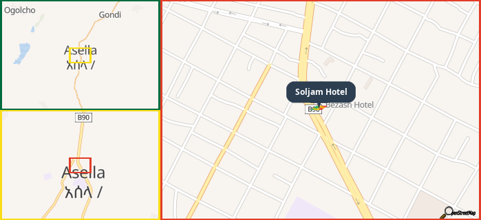 Map showing the address of Soljam Hotel in three different zoom levels.