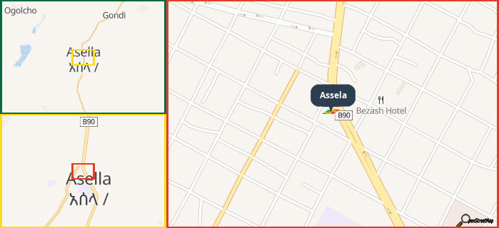 Map showing the address of Assela in three different zoom levels.
