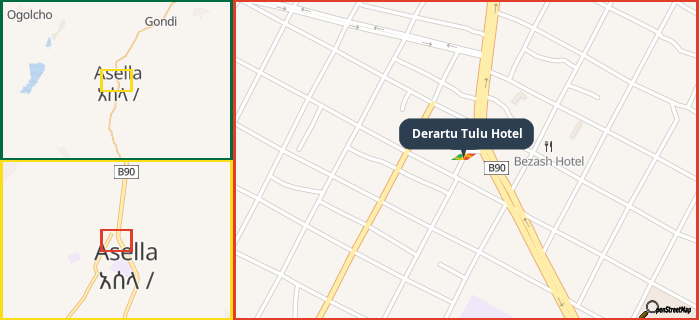 Map showing the address of Derartu Tulu Hotel in three different zoom levels.