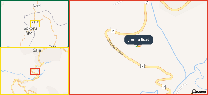 Map showing the address of Jimma Road in three different zoom levels.