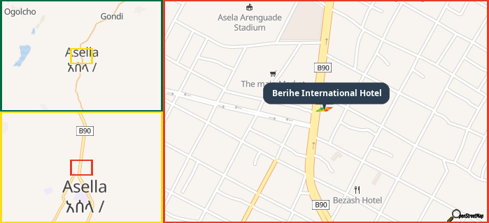 Map showing the address of Berihe International Hotel in three different zoom levels.