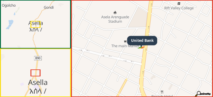 Map showing the address of United Bank in three different zoom levels.