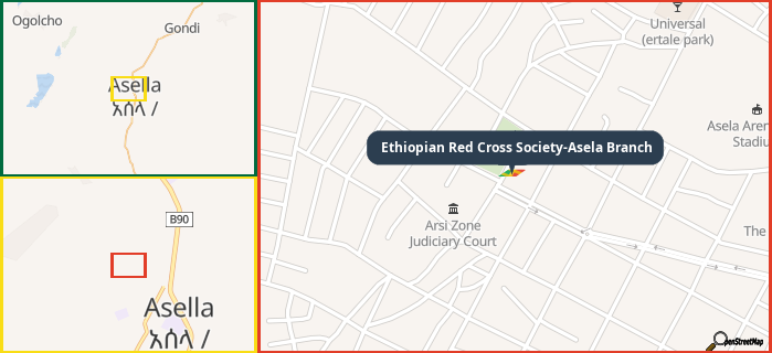 Map showing the address of Ethiopian Red Cross Society-Asela Branch in three different zoom levels.