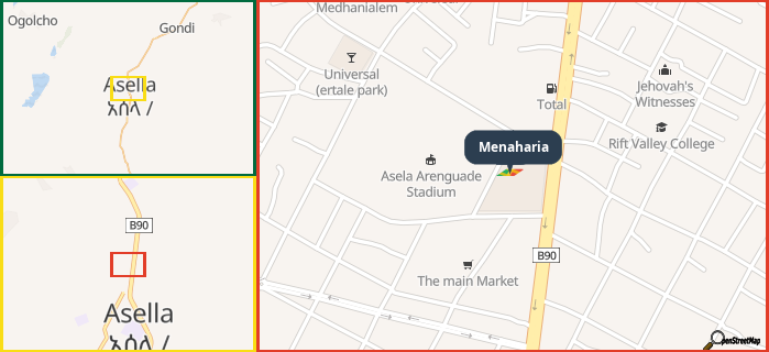 Map showing the address of Menaharia in three different zoom levels.