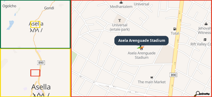 Map showing the address of Asela Arenguade Stadium in three different zoom levels.