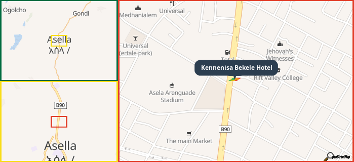 Map showing the address of Kennenisa Bekele Hotel in three different zoom levels.