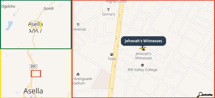 Map showing the address of Jehovah's Witnesses in three different zoom levels.