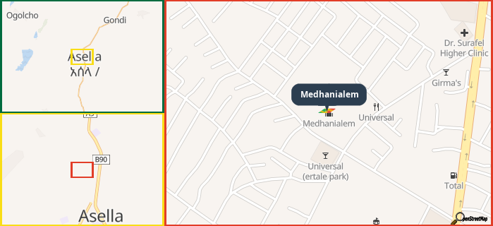 Map showing the address of Medhanialem in three different zoom levels.