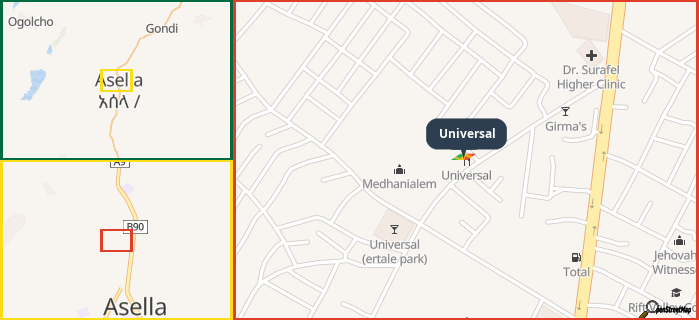 Map showing the address of Universal in three different zoom levels.