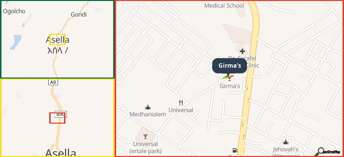 Map showing the address of Girma's in three different zoom levels.