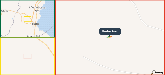 Map showing the address of Koshe Road in three different zoom levels.