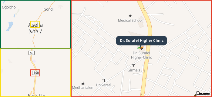 Map showing the address of Dr. Surafel Higher Clinic in three different zoom levels.