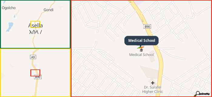 Map showing the address of Medical School in three different zoom levels.