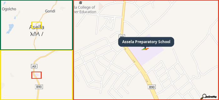 Map showing the address of Assela Preparatory School in three different zoom levels.