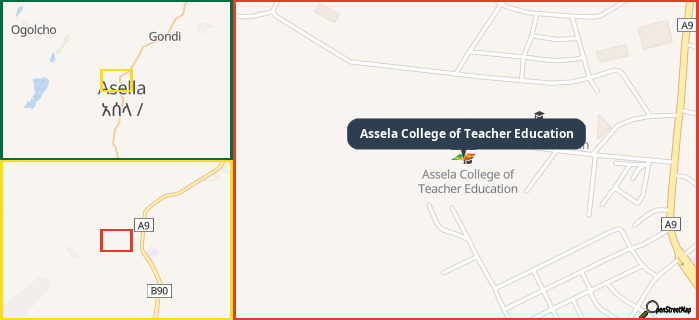 Map showing the address of Assela College of Teacher Education in three different zoom levels.