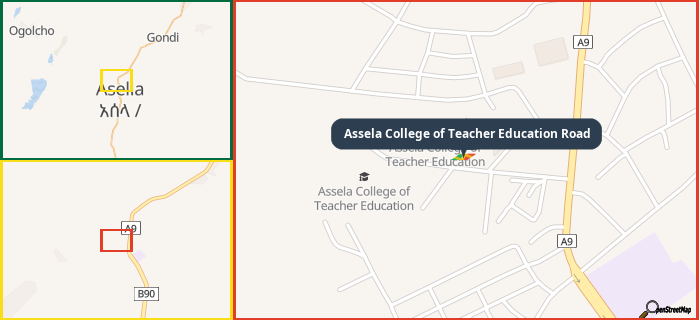 Map showing the address of Assela College of Teacher Education Road in three different zoom levels.