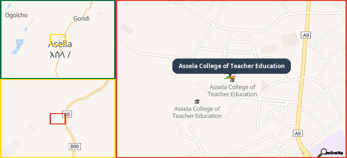Map showing the address of Assela College of Teacher Education in three different zoom levels.