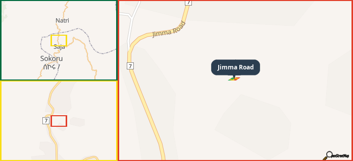 Map showing the address of Jimma Road in three different zoom levels.