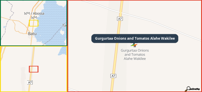 Map showing the address of Gurgurtaa Onions and Tomatos Alahe Wakilee in three different zoom levels.