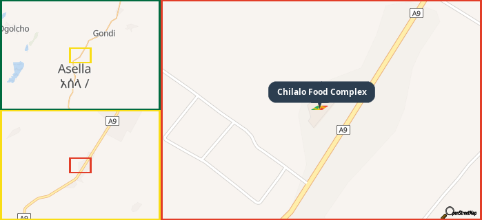 Map showing the address of Chilalo Food Complex in three different zoom levels.