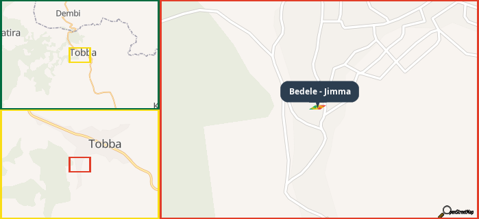 Map showing the address of Bedele - Jimma in three different zoom levels.