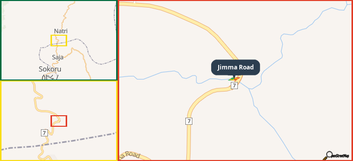 Map showing the address of Jimma Road in three different zoom levels.