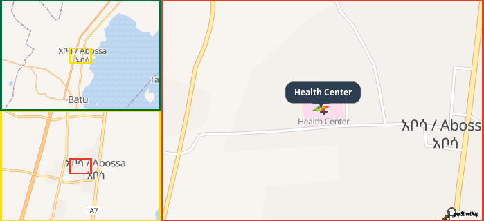 Map showing the address of Health Center in three different zoom levels.