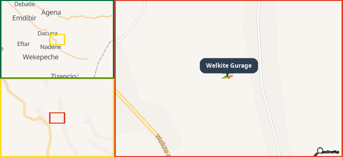 Map showing the address of Welkite Gurage in three different zoom levels.