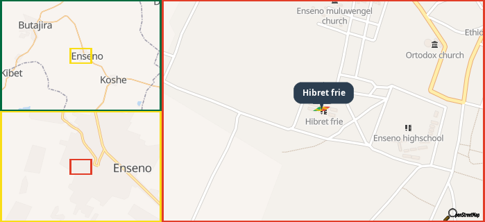 Map showing the address of Hibret frie in three different zoom levels.