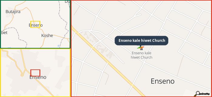 Map showing the address of Enseno kale hiwet Church in three different zoom levels.