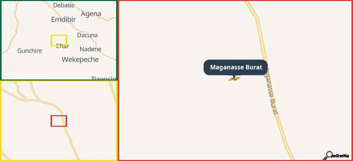 Map showing the address of Maganasse Burat in three different zoom levels.