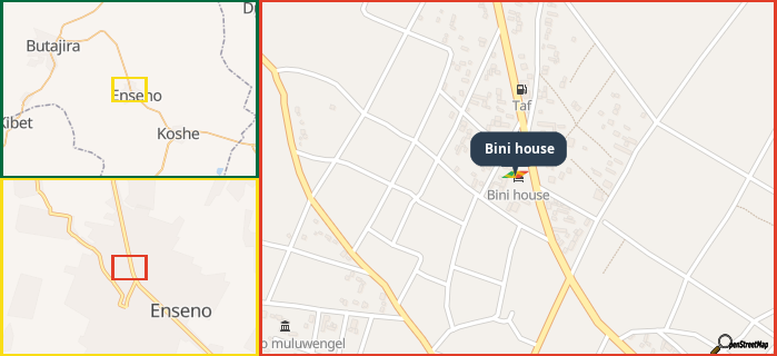 Map showing the address of Bini house in three different zoom levels.
