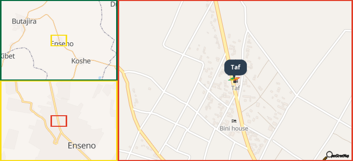 Map showing the address of Taf in three different zoom levels.