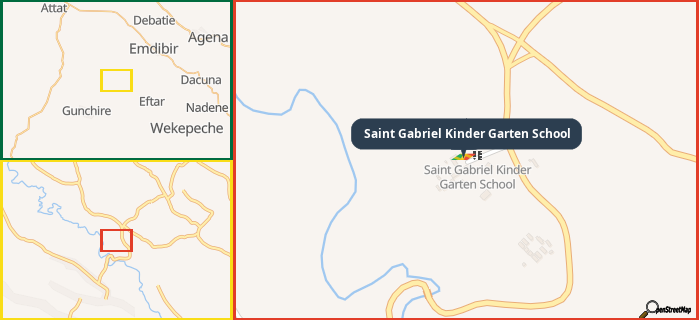Map showing the address of Saint Gabriel Kinder Garten School in three different zoom levels.