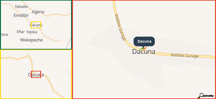 Map showing the address of Dacuna in three different zoom levels.