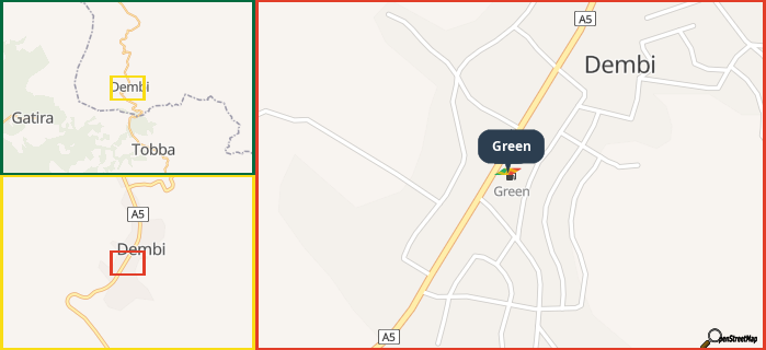 Map showing the address of Green in three different zoom levels.