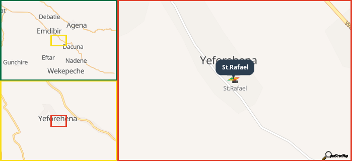Map showing the address of St.Rafael in three different zoom levels.