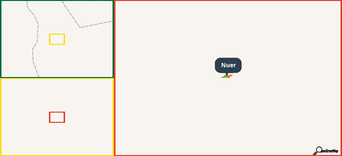 Map showing the address of Nuer in three different zoom levels.