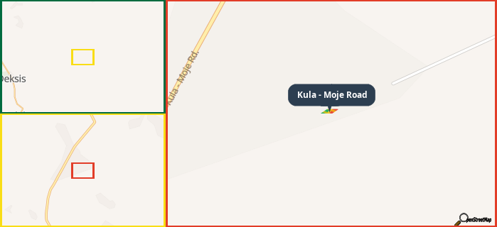 Map showing the address of Kula - Moje Road in three different zoom levels.