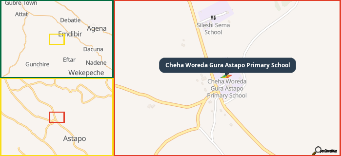 Map showing the address of Cheha Woreda Gura Astapo Primary School in three different zoom levels.