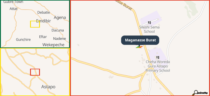 Map showing the address of Maganasse Burat in three different zoom levels.