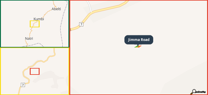 Map showing the address of Jimma Road in three different zoom levels.
