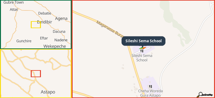 Map showing the address of Sileshi Sema School in three different zoom levels.